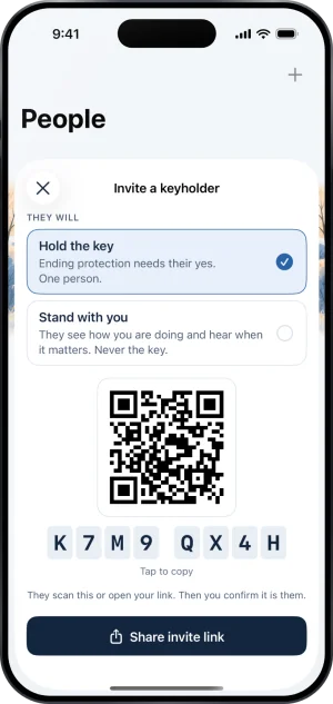 The Invite a keyholder sheet over People: under They will, Hold the key (selected) with Ending protection needs their yes. One person., and Stand with you with They see how you are doing and hear when it matters. Never the key. Under them a QR code, the same eight tile code and a Share invite link button.