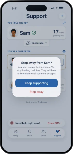 A system alert: Step away from Sam? You stop seeing their updates. You stop holding their key. They will have no keyholder until someone accepts. The buttons read Keep supporting and, in red, Step away.