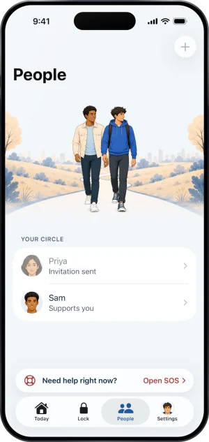 People with an invitation out: under Your circle, Priya reading Invitation sent, and Sam reading Supports you.