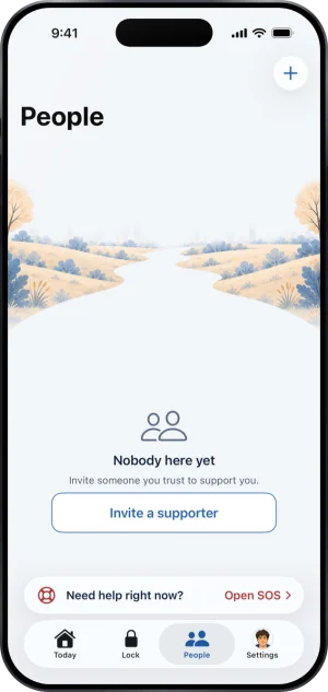 People with nobody in it: a bare path, Nobody here yet, Invite someone you trust to support you., and an Invite a supporter button.