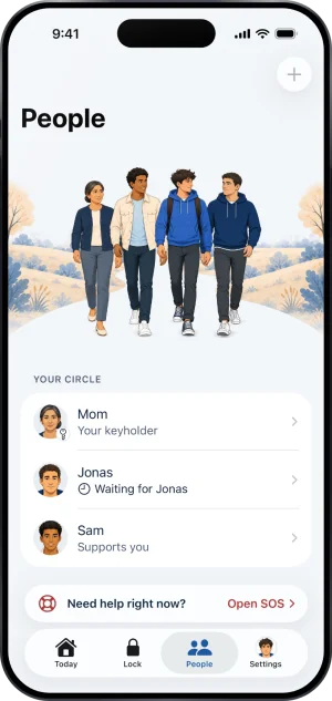 People during a keyholder handover: under Your circle, Mom reading Your keyholder, Jonas reading Waiting for Jonas, and Sam reading Supports you.