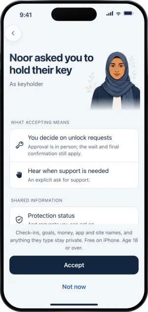 The page a person sees when asked to hold a key: Noor asked you to hold their key, As keyholder, then under What accepting means, You decide on unlock requests with the line Approval is in person; the wait and final confirmation still apply, and Hear when support is needed. Under Shared information, Protection status. A foot line says check ins, goals, money, app and site names and anything they type stay private, then Accept and Not now.