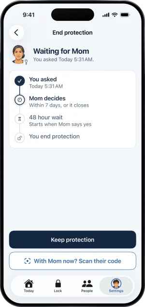 The End protection screen in Fold'em after the ask: Waiting for Mom, then a timeline of You asked, Mom decides within 7 days or it closes, a 48 hour wait that starts when Mom says yes, and You end protection, with Keep protection as the main button and With Mom now? Scan their code beneath it