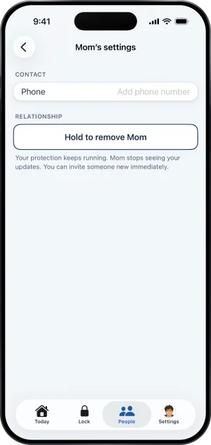 Mom’s settings: Contact with a Phone field reading Add phone number, Relationship with a Hold to remove Mom button, and the line Your protection keeps running. Mom stops seeing your updates. You can invite someone new immediately.