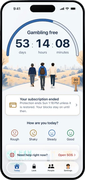 Today in a lapse: under the count, a card reading Your subscription ended, Protection ends Sun 1:16 PM unless it is restored. Your blocks stay on until then., above How are you today?, the money card, Need help right now? Open SOS and the four tabs.