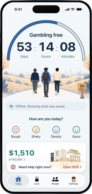 Today offline: under the count, a grey line reading Offline. Showing what was saved., above How are you today? with its four faces, the money card, Need help right now? Open SOS and the four tabs.