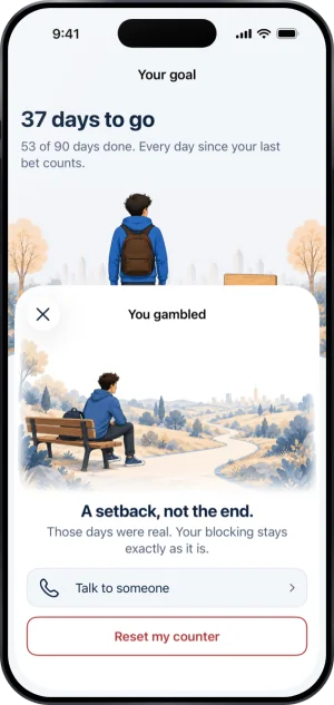 The I gambled sheet over Your goal: a person on a bench, A setback, not the end., Those days were real. Your blocking stays exactly as it is., a Talk to someone row and a red Reset my counter button. It has no switch.