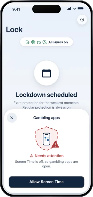 The Gambling apps sheet when Screen Time is off: a red dashed shield, Needs attention, Screen Time is off, so gambling apps are open., and an Allow Screen Time button.