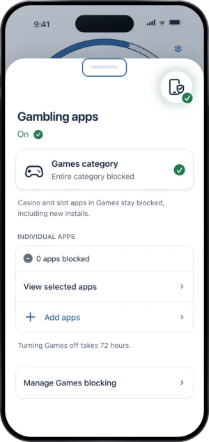 The Gambling apps sheet reading On, with the Games category row reading Entire category blocked, then under Individual apps a row reading 0 apps blocked, View selected apps, and Add apps.