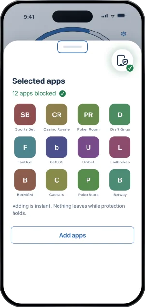 The Selected apps sheet: 12 apps blocked, drawn as a grid of lettered tiles from Sports Bet to Betway, the line Adding is instant. Nothing leaves while protection holds, and an Add apps button.