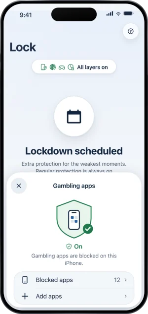 The Fold’em Gambling apps sheet over Lock: On, Gambling apps are blocked on this iPhone, with Blocked apps 12 and Add apps.
