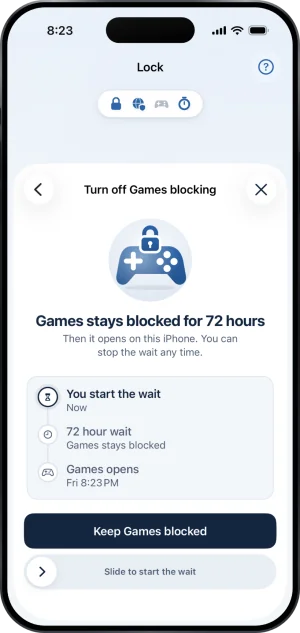 Turn off Games blocking: a drawing of the Games shield, Games stays blocked for 72 hours, Then it opens on this iPhone. You can stop the wait any time., a timeline of You start the wait, 72 hour wait (Games stays blocked) and Games opens, with Keep Games blocked as the filled button and a slide beneath it reading Slide to start the wait.