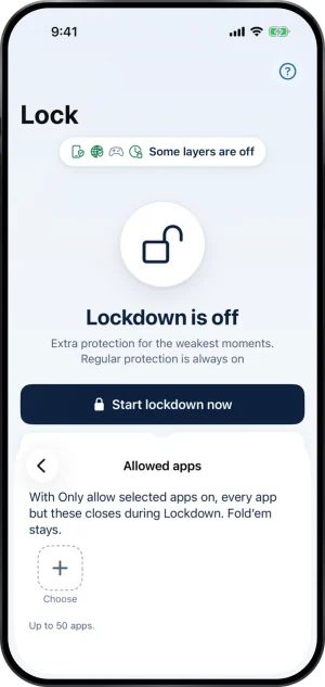 The Allowed apps sheet over Lock: With Only allow selected apps on, every app but these closes during Lockdown. Fold’em stays. Under it, a Choose tile and the line Up to 50 apps. Behind the sheet, Lock reads Lockdown is off.