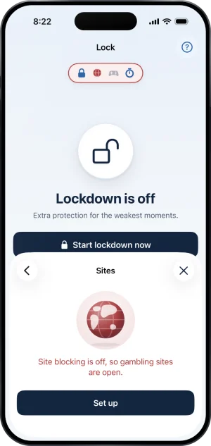 The Sites page while site blocking is off: a red globe, Site blocking is off, so gambling sites are open., and a Set up button. Behind it the pill on Lock has a red edge.