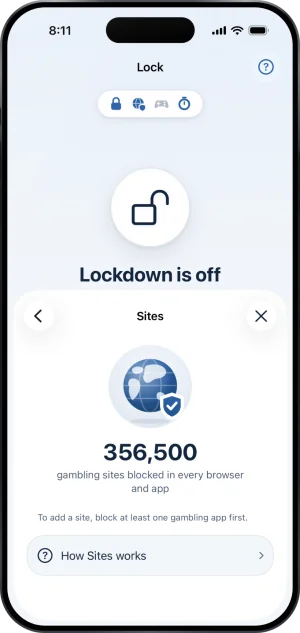 The Sites page over Lock: a globe with a shield, 356,500, gambling sites blocked in every browser and app, the line To add a site, block at least one gambling app first., and How Sites works.