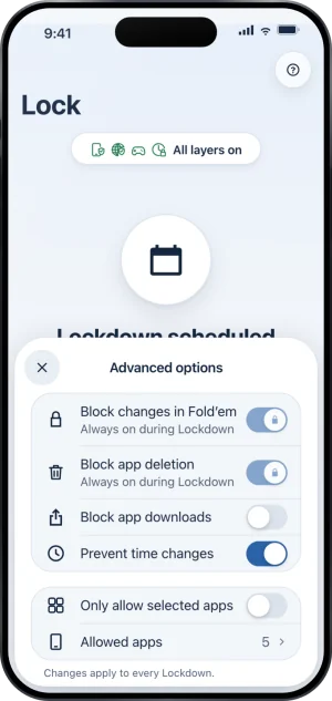 Advanced options over Lock: Block changes in Fold’em and Block app deletion (Always on during Lockdown, switches locked on), Block app downloads (off), Prevent time changes (on), Only allow selected apps (off), Allowed apps 5, and Changes apply to every Lockdown.