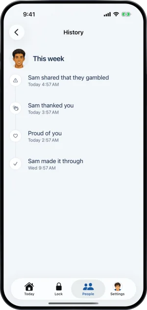 History with Sam, This week: Sam shared that they gambled, Today 4:57 AM. Sam thanked you, Today 3:57 AM. Proud of you, Today 2:57 AM. Sam made it through, Wed 9:57 AM.