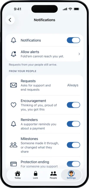 Notifications: a Notifications switch that is on, an Allow alerts row reading Fold’em cannot reach you yet., then From your people with Requests (Always) and switches for Encouragement, Reminders, Milestones and Protection ending, all on.