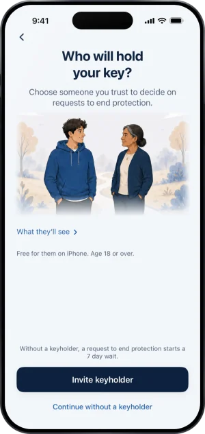 The setup keyholder step: Who will hold your key?, Choose someone you trust to decide on requests to end protection., What they’ll see, Free for them on iPhone. Age 18 or over., Without a keyholder, a request to end protection starts a 7 day wait., an Invite keyholder button, and Continue without a keyholder.