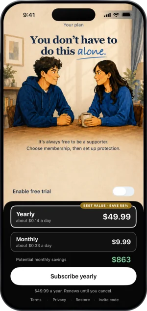 The paywall with the free trial off: You don’t have to do this alone, an Enable free trial switch (off), Yearly $49.99 (Best value, save 58%) and Monthly $9.99, Potential monthly savings $863, a Subscribe yearly button, $49.99 a year. Renews until you cancel., and the links Terms, Privacy, Restore and Invite code.