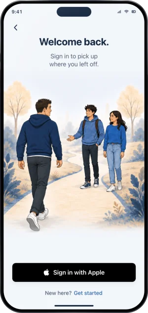 The sign in screen: Welcome back, Sign in to pick up where you left off, a drawing of a man walking a path toward two friends, a black Sign in with Apple button, and the line New here? Get started.