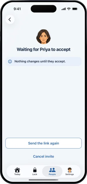 Waiting for Priya to accept, Nothing changes until they accept., and the buttons Send the link again and Cancel invite.