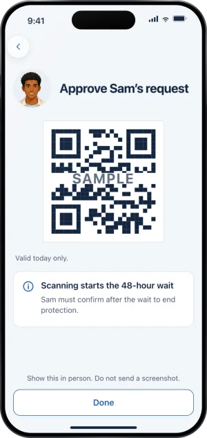 Approve Sam's request: a square approval code marked SAMPLE, the line Valid today only, and a note reading Scanning starts the 48-hour wait. Sam must confirm after the wait to end protection. At the foot: Show this in person. Do not send a screenshot, above a Done button.