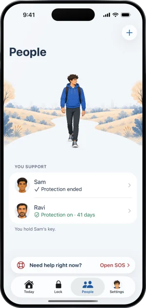 People with Sam’s row reading Protection ended, Ravi reading Protection on, 41 days, and the line You hold Sam’s key.
