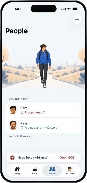 People with Sam’s row reading Protection off in red, Ravi reading Protection on, 42 days, and the line You hold Sam’s key.