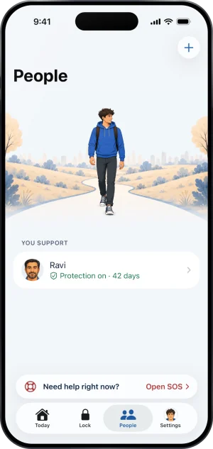 People on a phone that holds no key: under You support, one row, Ravi reading Protection on, 42 days.
