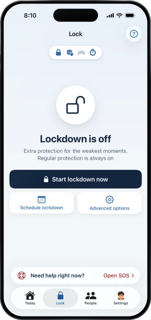 The Fold’em Lock tab with all four layers on: Gambling apps, Gambling sites, Games and Deletion delay, then Start lockdown now, Weekly schedule and Advanced options.