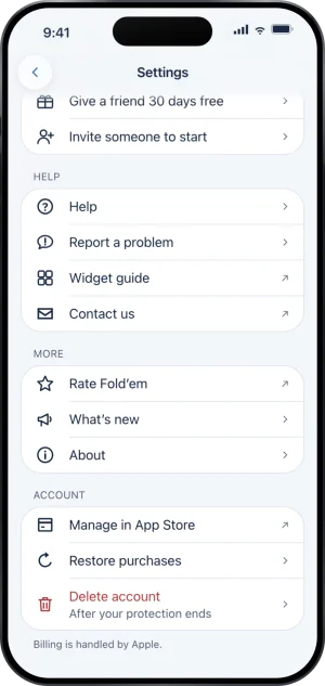 Settings, scrolled to its foot: Help and More, then the Account section with three rows, Manage subscription, Restore purchases, and Delete account in red with the subtitle After your protection ends. The last line reads Billing is handled by Apple.