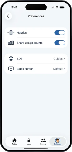 Preferences: Haptics and Share usage counts as switches that are on, SOS reading Guides, and Block screen reading Default.