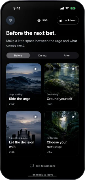 The Fold’em SOS screen on a black canvas: Before the next bet, four short guides, Talk to someone, and a Lockdown button at the top.