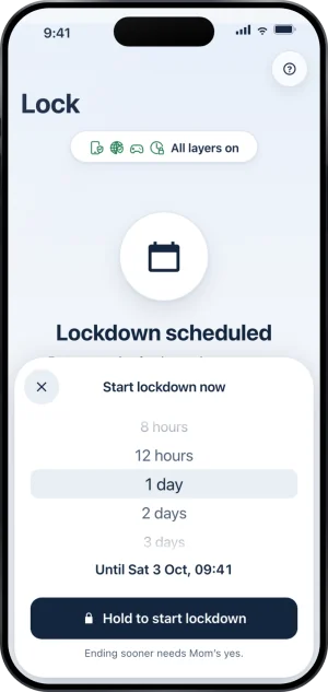 Start lockdown now over Lock: a duration wheel (8 hours, 12 hours, 1 day, 2 days, 3 days) set to 1 day, Until Sat 3 Oct, 09:41, a Hold to start lockdown button and Ending sooner needs Mom’s yes.
