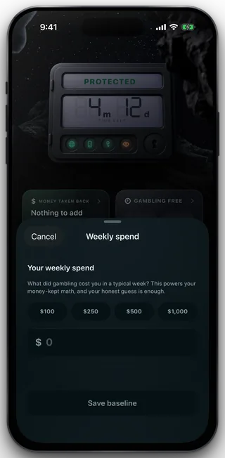 The weekly spend sheet: four amount chips, a field for your own number, and a Save baseline button.