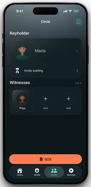 The Circle tab showing Maria in the keyholder place with an Invite waiting row, and one witness of three.