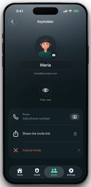 A person page in the Circle showing Maria, their email address, Their card, a phone row, Share the invite link and Cancel invite.