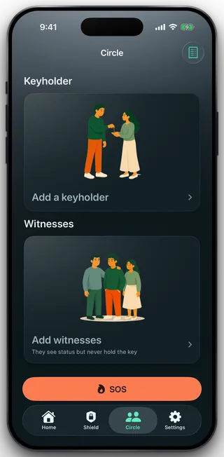 The Circle tab with no rows: a Keyholder card reading Add a keyholder, a Witnesses card reading Add witnesses, and the receipt glyph at the top right.