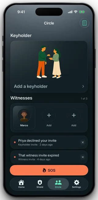 The Circle tab with two finished rows: Priya declined your invite, and That witness invite expired.