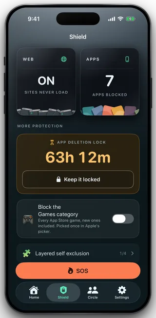 The Shield tab with an amber App deletion lock card counting 63 hours 12 minutes, and a Keep it locked control under it.