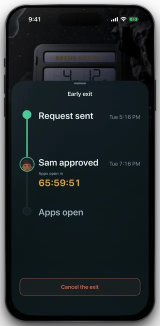 The exit sheet with the second step reading Sam approved, Apps open in 65 hours 59 minutes 51 seconds, and Cancel the exit at the foot.