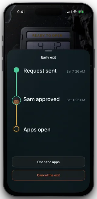 The exit sheet with Request sent and Sam approved both stamped and done, Apps open marked as the live step, and Open the apps above Cancel the exit at the foot.