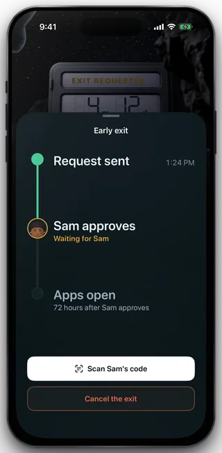 The exit sheet: Request sent at 1:24 PM, Sam approves with Waiting for Sam under it, Apps open 72 hours after Sam approves, then Scan Sam's code and Cancel the exit.