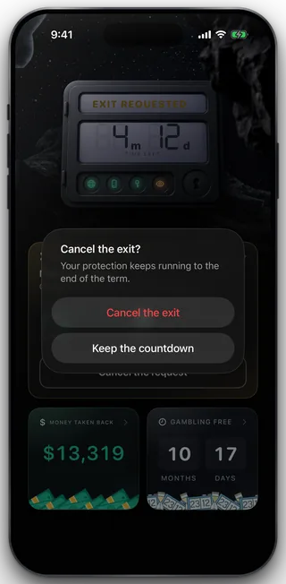 The centred alert titled Cancel the exit? over the Home wall, reading Your protection keeps running to the end of the term, with Cancel the exit in red and Keep the countdown under it.
