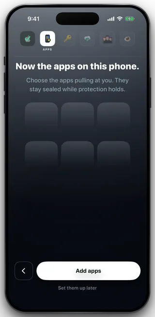 The setup step titled Now the apps on this phone, with an empty grid and the Add apps button.