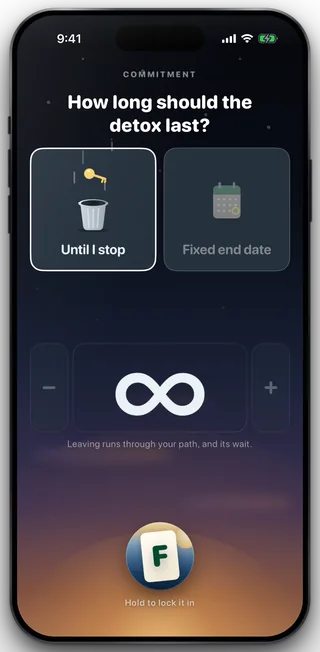 The Commitment screen with the Until I stop door selected, the Fixed end date door beside it, and an infinity mark in the stepper below.