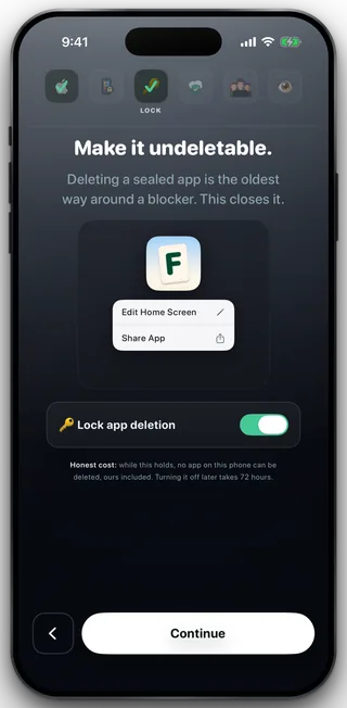 The setup step headed Make it undeletable, showing an app icon whose hold menu has no delete option, and a switch reading Lock app deletion turned on.
