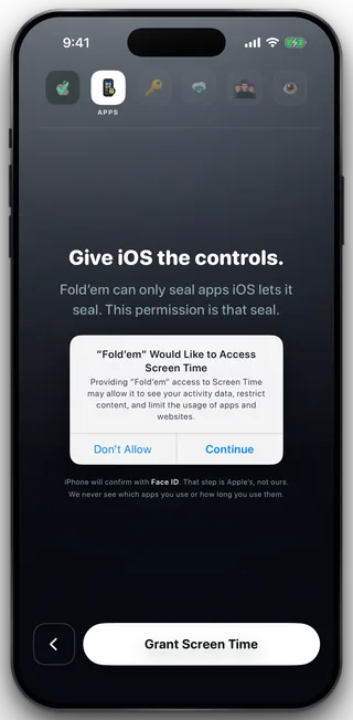 The Screen Time step: a headline reading Give iOS the controls, Apple's own permission dialog with Don't Allow and Continue, and a Grant Screen Time button at the foot.