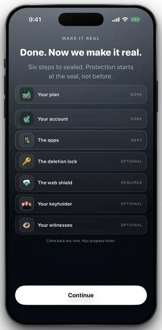 The Make it real hub inside the app, listing your plan, your account, the apps, the deletion lock, the web shield, your keyholder and your witnesses, each marked done, next, required or optional.